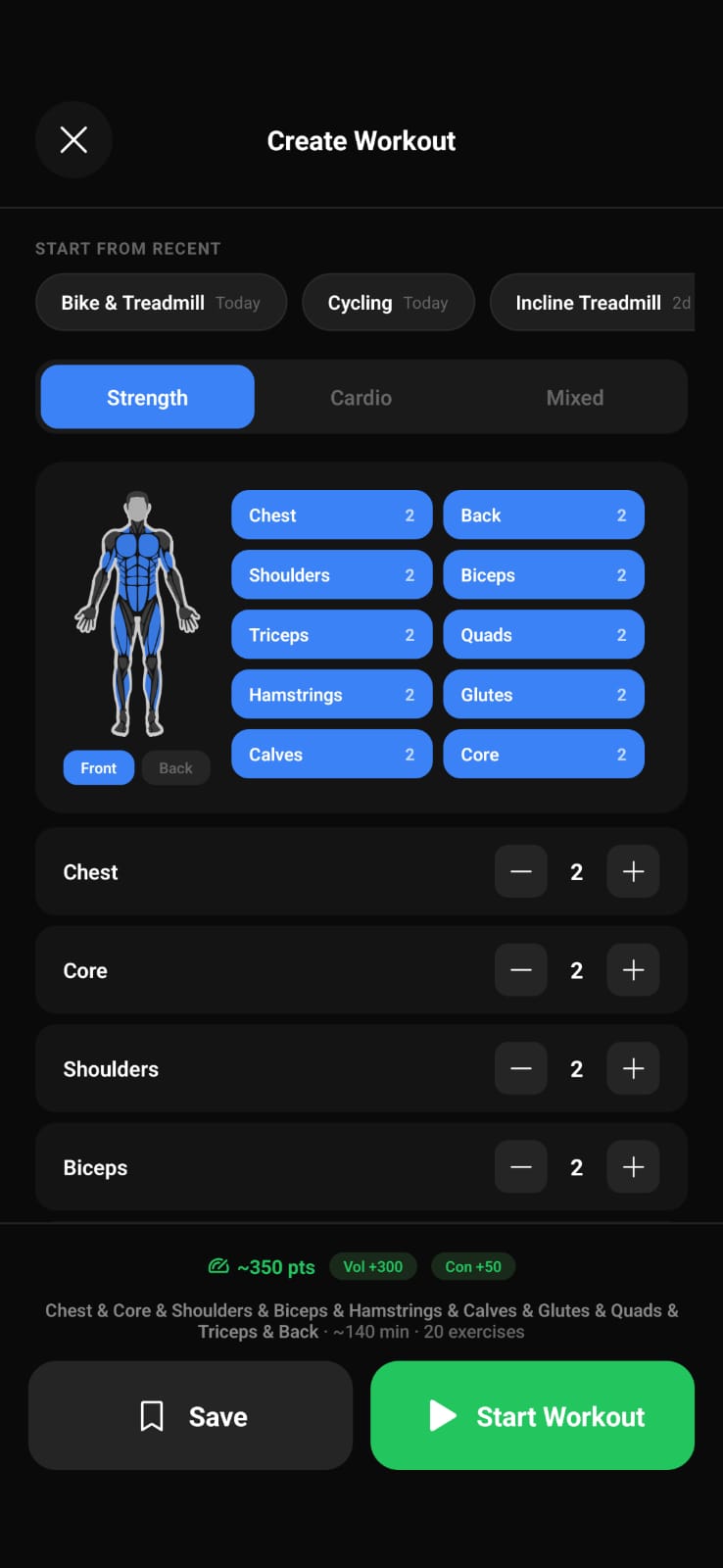 Ryval Create Workout screen showing blue muscle map and exercise selection